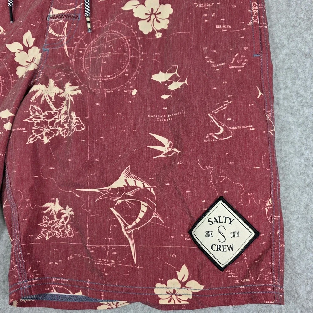 Salty Crew Seaboard Deck Shorts Men's‎ Size 32 Swim Trunks Maroon Floral Map